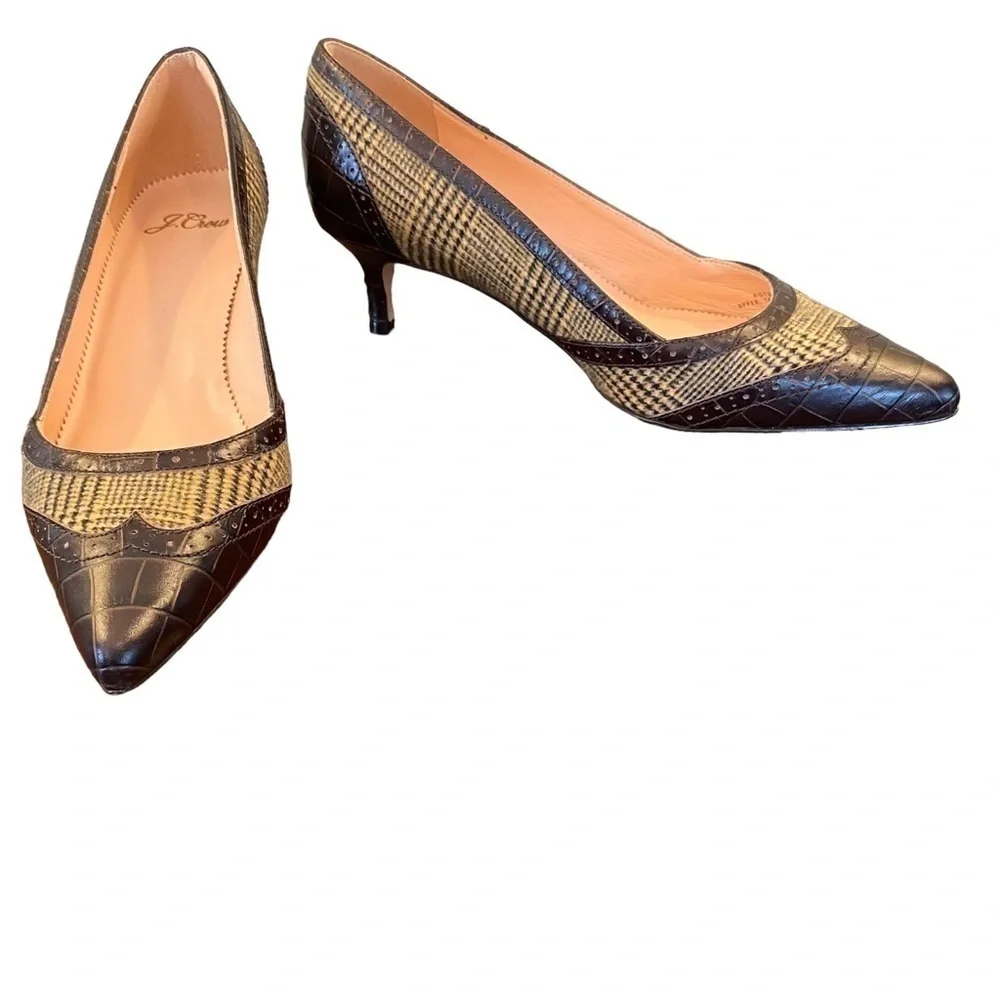 J. CREW Heels Leather Pointed Toe Crocodile Brown Plaid Women Size 8 NWOT